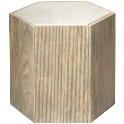 Argan 20 X 18 Inch Natural Wood & White Marble Table, Hexagon