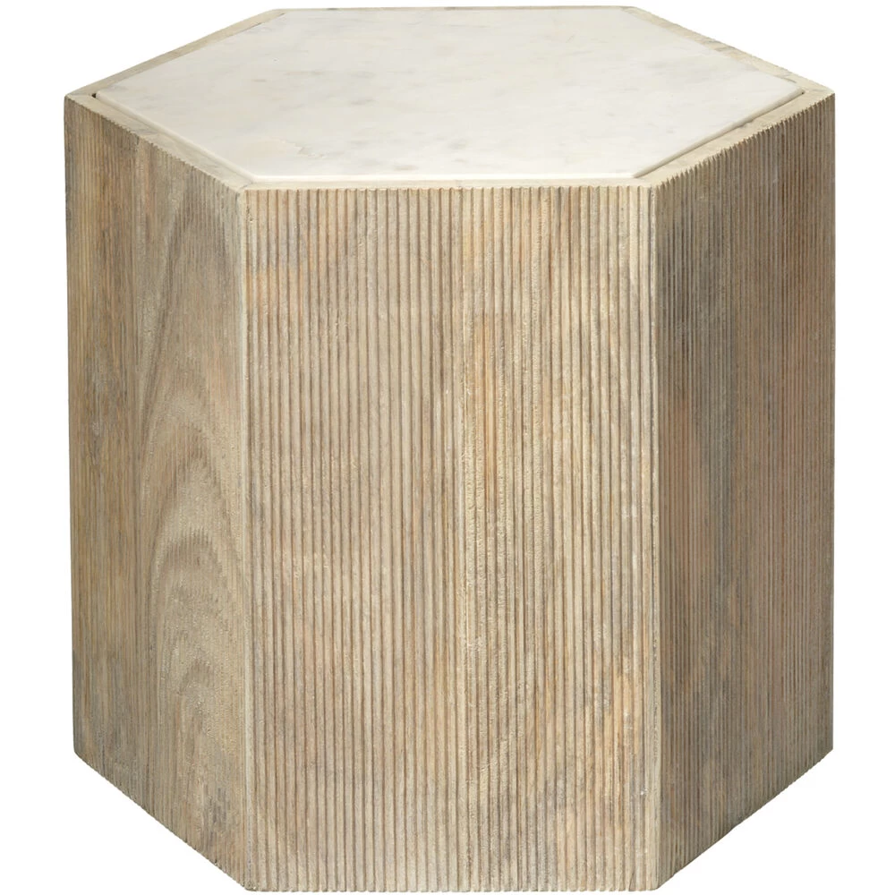 Argan 20 X 18 Inch Natural Wood & White Marble Table, Hexagon 1 Argan 20 X 18 Inch Natural Wood & White Marble Table, Hexagon