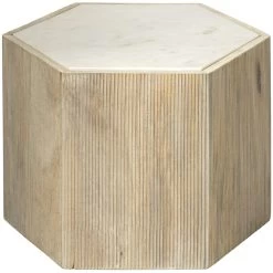 Argan 20 X 17 Inch Natural Wood & White Marble Table, Hexagon
