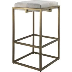 Shelby 30 Inch White Hide & Antique Brass Bar Stool